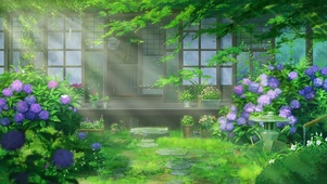 木屋夕阳花草