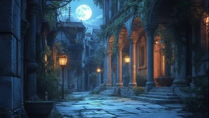 圆月夜幕静谧古典建筑