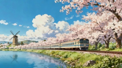 湖边的樱花火车