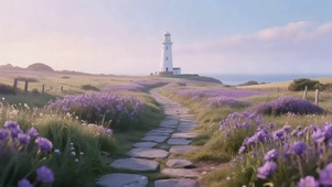 清新阳光鲜花海岛灯塔
