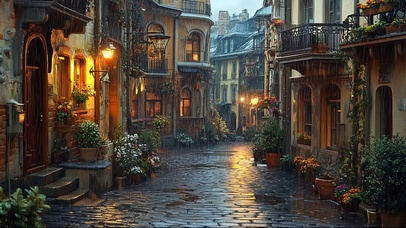 雨中的外国小镇街道