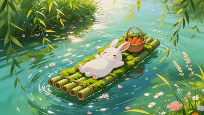 夏日竹筏上小兔