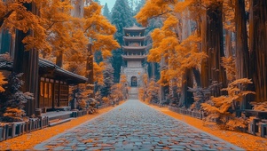秋日落叶静谧林中古塔
