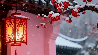 雪梅灯笼雪景带鱼屏双屏