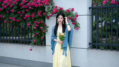 蔷薇花墙处手捧鲜花的美女