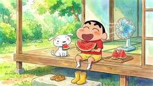 夏日吃西瓜的快乐小新和小白