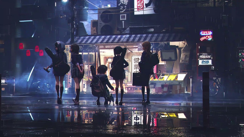 雨夜日式街头，几名结伴的少女站在亮灯店铺前，湿滑积水映出霓虹与人物身影。