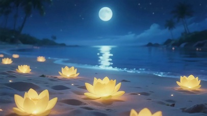 ，幽蓝色月夜下的沙滩