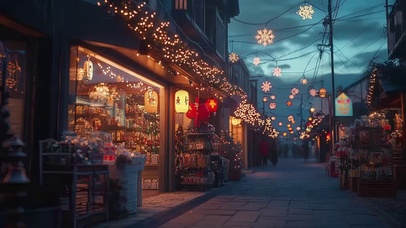 圣诞傍晚城市温馨商店