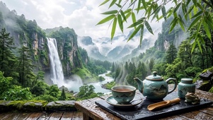 山水云雾竹叶品茶