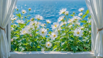窗边蓝海白雏菊清新风景