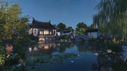 静谧午后苏式园林池塘