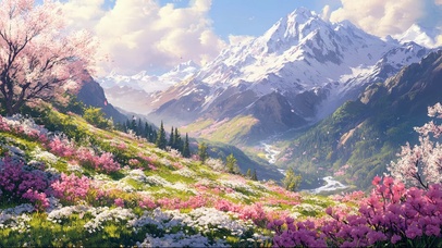 雪山山坡花海清新风景