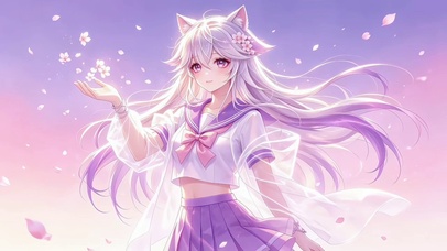紫霞下的樱花与猫耳少女