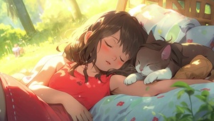 可爱小女孩和猫在睡觉唯美