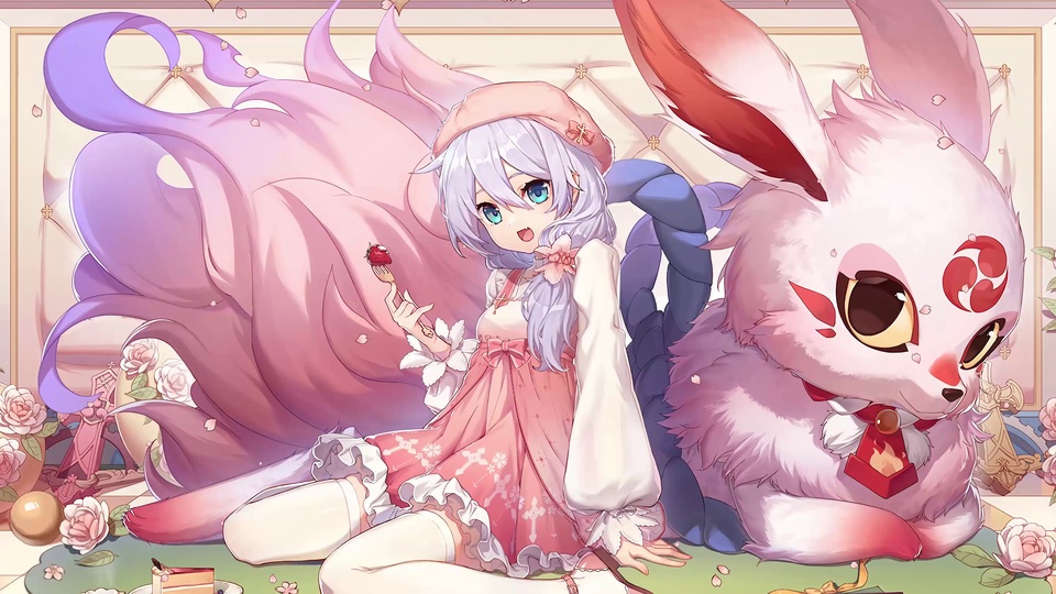 浅紫发少女与粉白幻想兽 粉调甜美插画