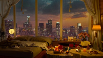 温馨都市雨夜卧室