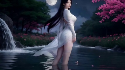 傍晚在溪边踏水的古风美女