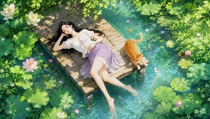 夏日荷塘闲憩美少女