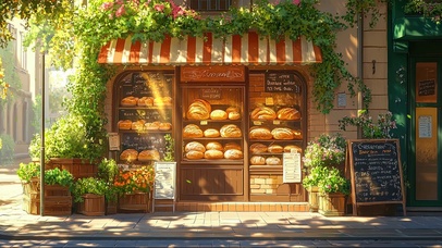 夏日城市街角面包商店