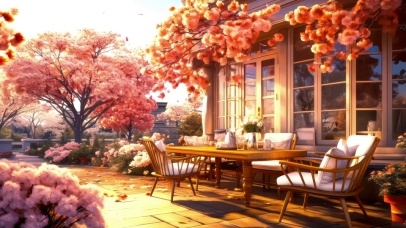 粉色治愈樱花树后院