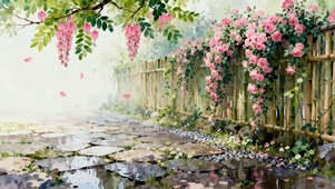 雨天鲜花篱笆院