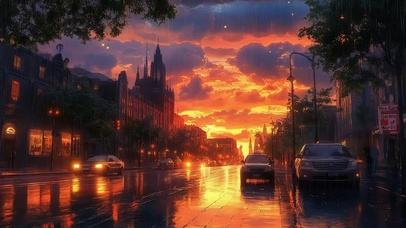 黄昏晚霞唯美城市街道