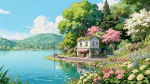 治愈湖边鲜花小屋