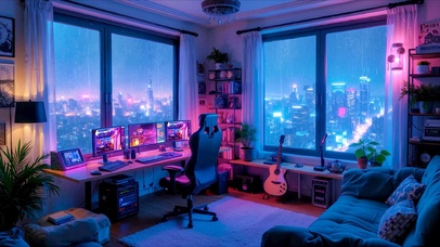 雨夜霓虹电脑房间
