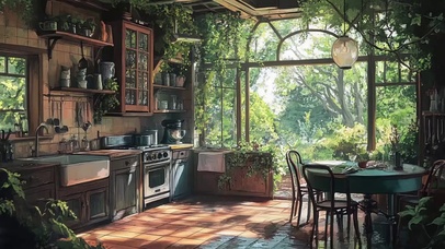 清新绿色夏日森林厨房