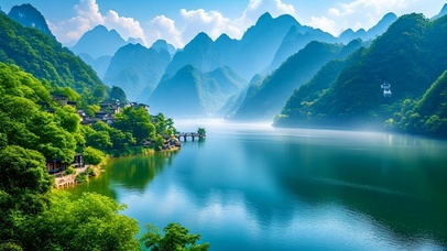 绿色江南古镇山水