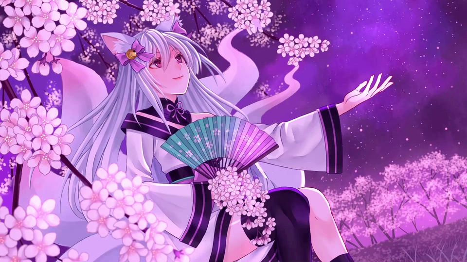 动漫插画，银发猫耳少女在紫夜星空下的樱花丛中持折扇，抬手伸向飘飞的樱瓣。