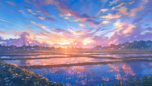清新纯净落日水田