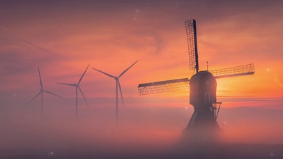 傍晚夕阳唯美风车