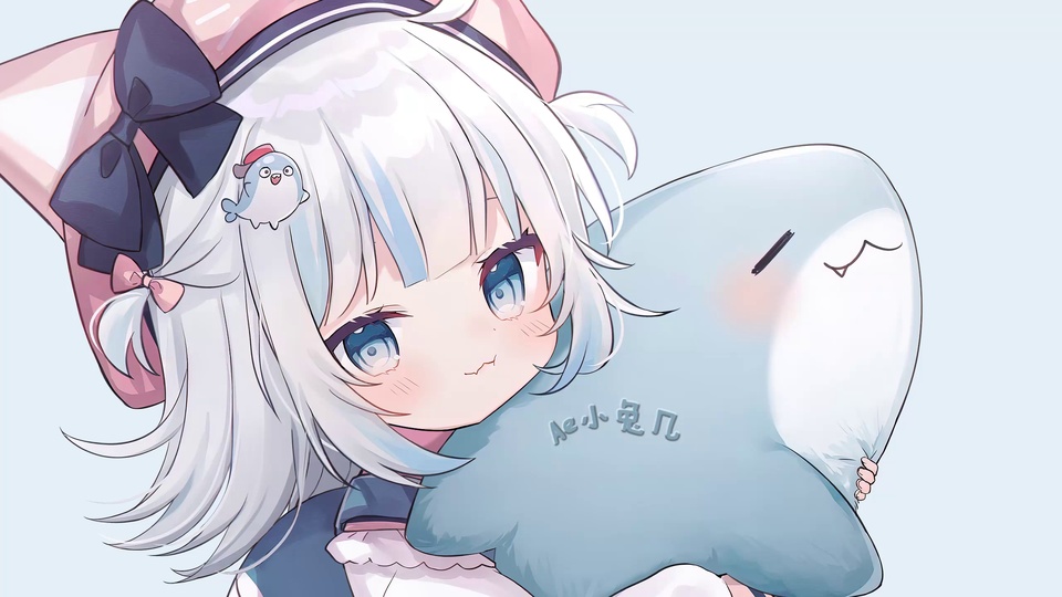 二次元少女怀抱浅蓝色软萌抱枕，浅蓝纯色背景。