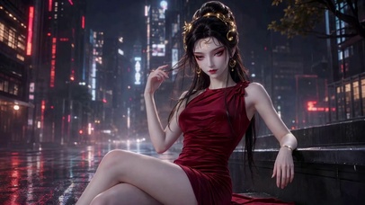 雨夜赛博都市古风红衣女神