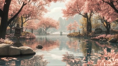 粉色落樱庭院静谧池塘