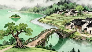 古风山水树木双屏