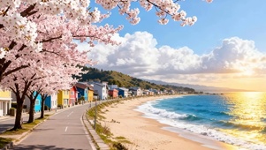 夕阳下樱花树木海景双屏