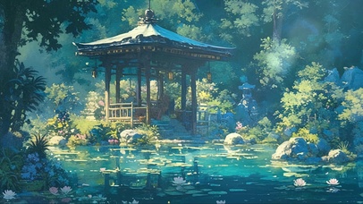 清新绿色湖泊古亭_