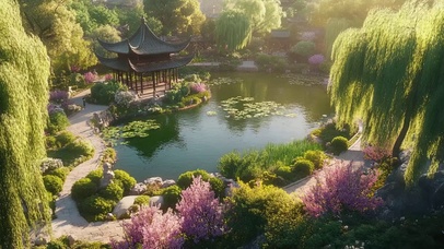 俯瞰春日唯美园林湖畔