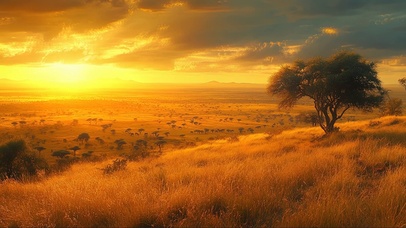 落日余晖草原树林