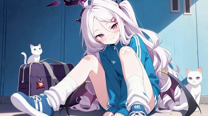 运动风白发恶魔少女与猫咪