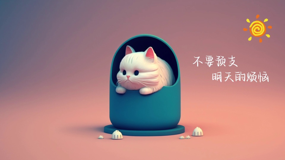 3D Q版风格白色卡通小猫前爪搭在青蓝色拱形小窝边缘，粉紫渐变柔和背景，底座周围散落迷你白顶小装饰。