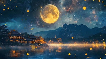 夜色树木河流
