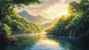 唯美朦胧夏日山林湖畔