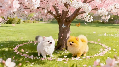 樱花树下的两只小狗