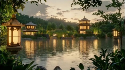 傍晚静谧湖畔古亭山水