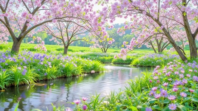 护眼樱花飘落小河