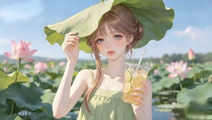 喝橙汁的荷叶帽少女